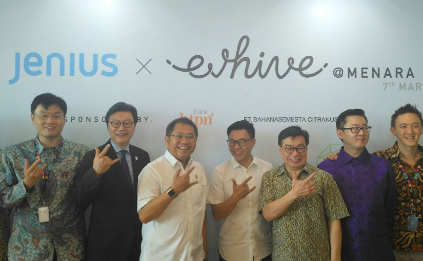 Menkominfo Rudiantara, Carlson Lau (EV Hive), Jerry Ng (BTPN), dan Willson Cuaca (East Ventures) saat acara peresmian coworking space Jenius x EV Hive / DailySocial