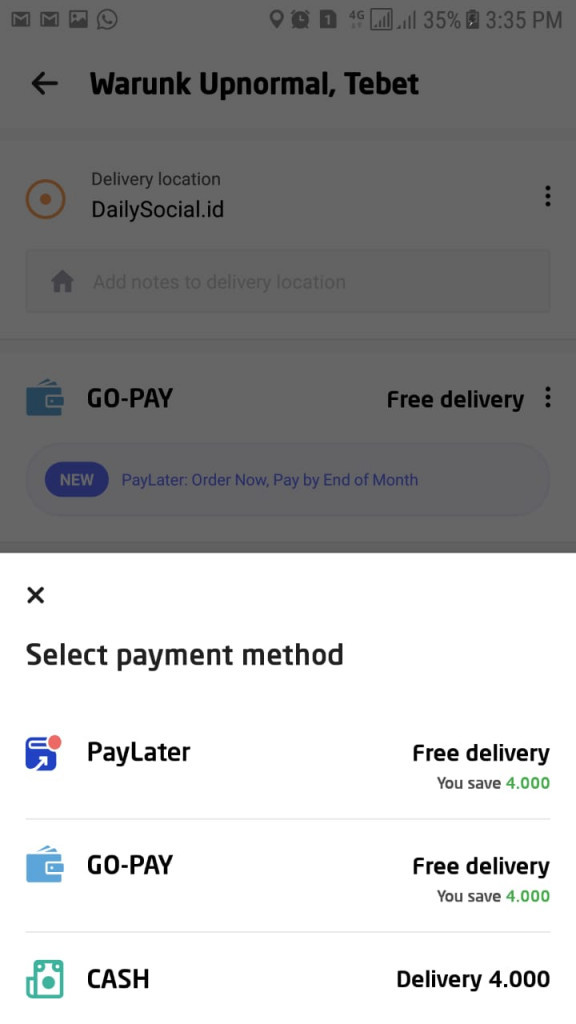 PayLater from Go-Jek available only for Go-Foo. Having credit up to Rp500,000, users can pay bills by the end of the month with zero interest