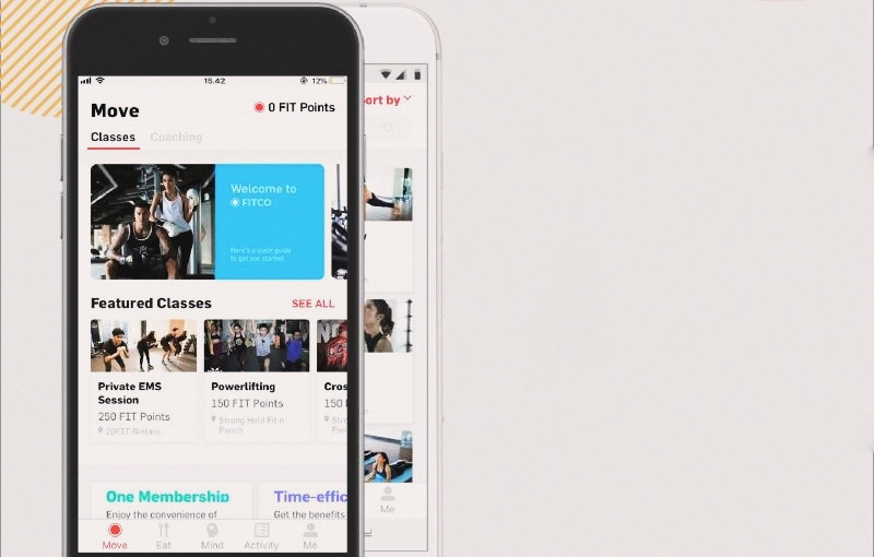 Fokus pertama aplikasi Fitco di segmen "move", memudahkan reservasi olahraga dan mempertemukan "personal coach" dan klien
